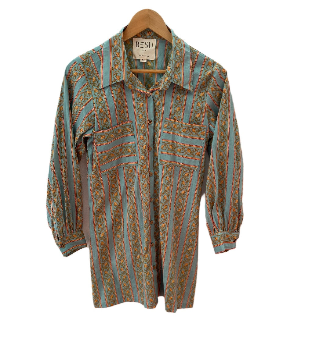 CANNES BLUE FLORAL PRINT SHIRT DRESS / KURTA TOP BESU INDIA