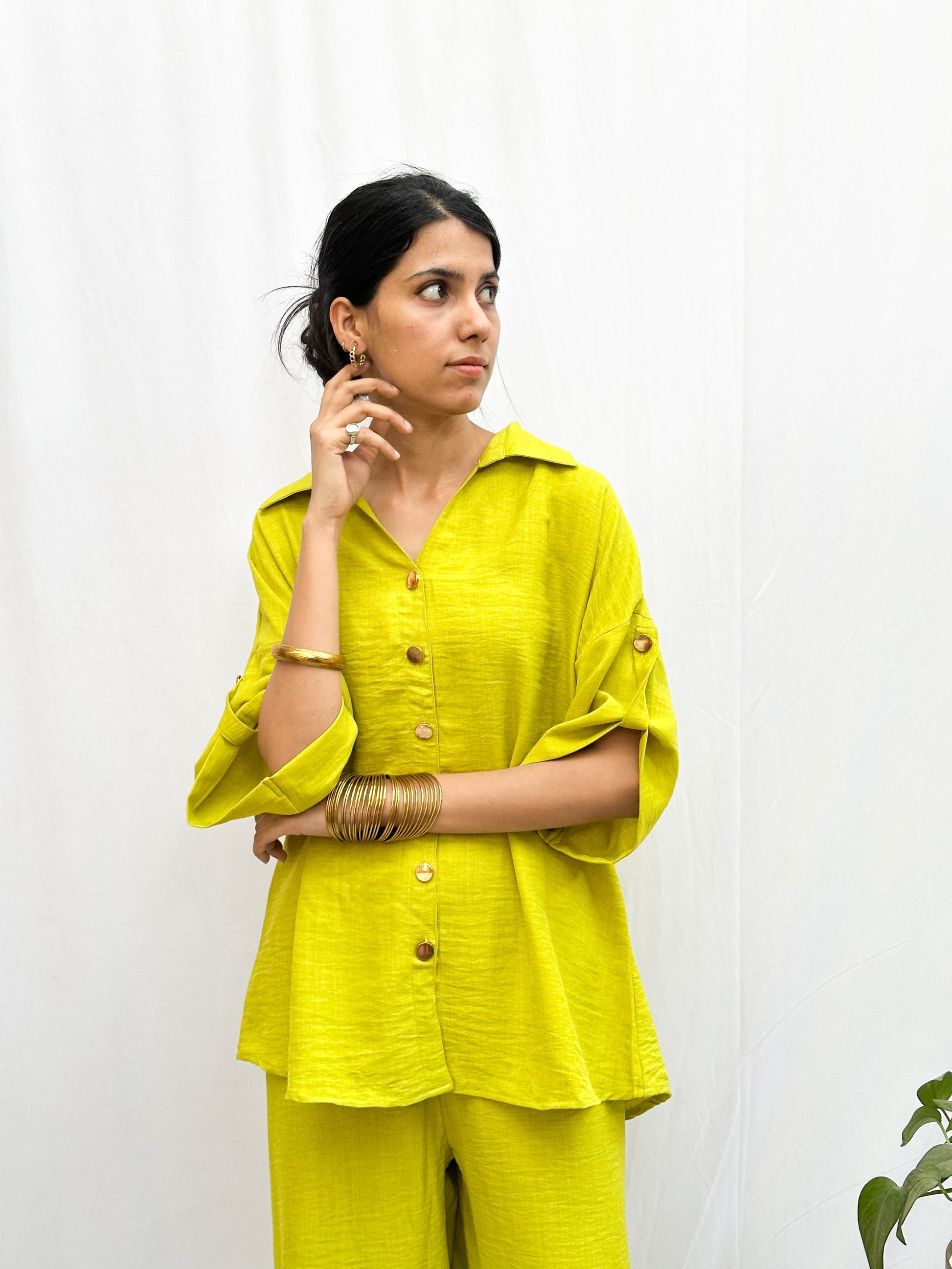 BRIGHT POP NEON GREEN SOFT COTTON CO-ORDS WITH GOLD BUTTONS BESU INDIA