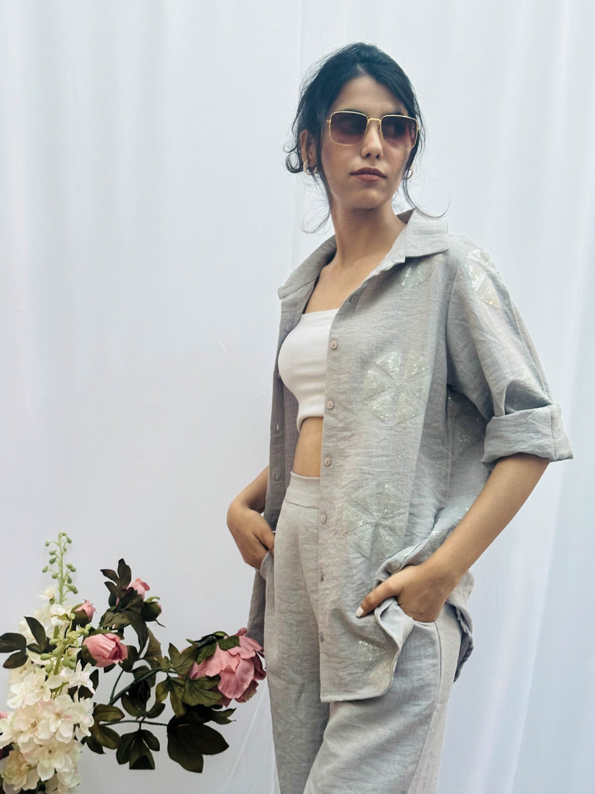 LIGHT GREY SEQUINS LINEN CO-ORD BESU INDIA