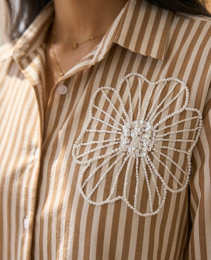 BROWN STRIPED SHIRT WITH PEARL EMBROIDERY BESU INDIA