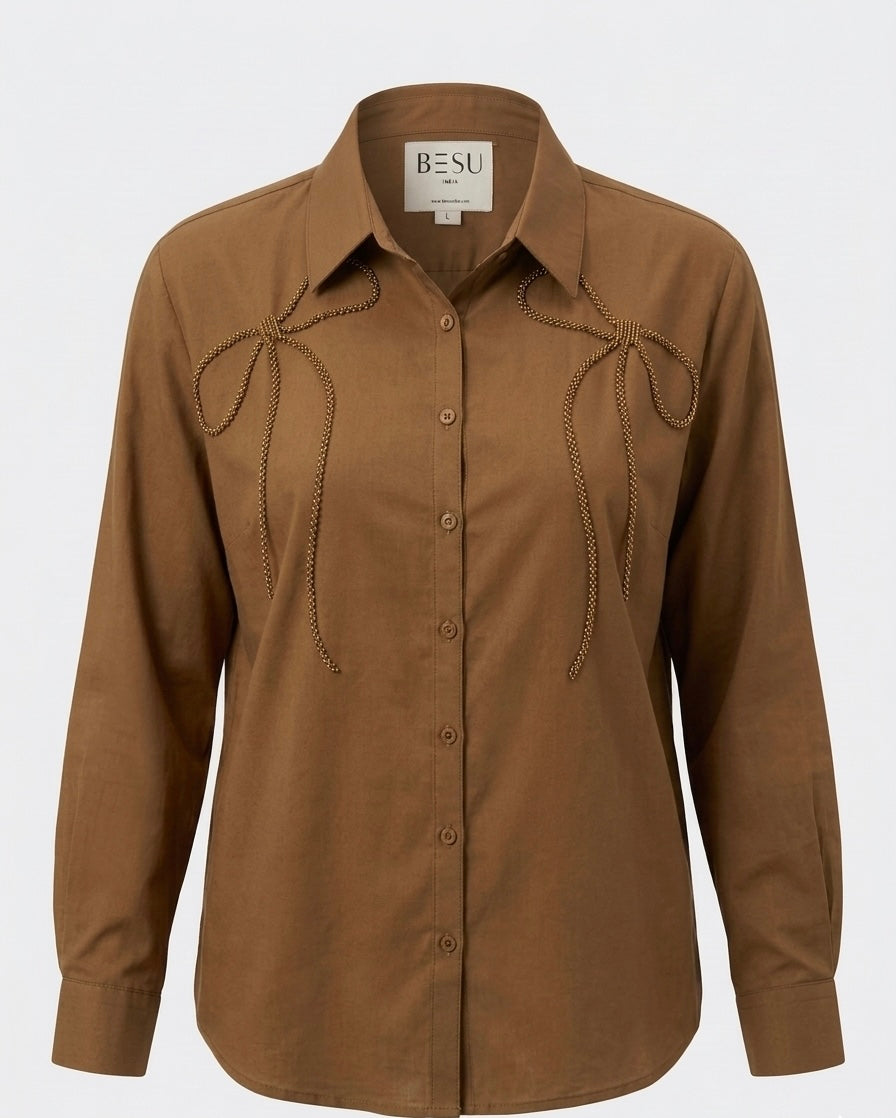 BROWN SHIRT WITH BEADED BOW BESU INDIA