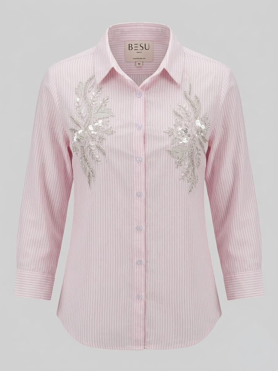 PINK AND WHITE STRIPED SHIRT WITH FLORAL EMBROIDERY BESU INDIA