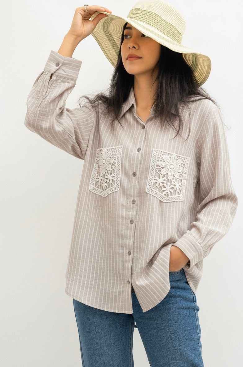 BEIGE AND WHITE STRIPES WITH LACE POCKETS BESU INDIA