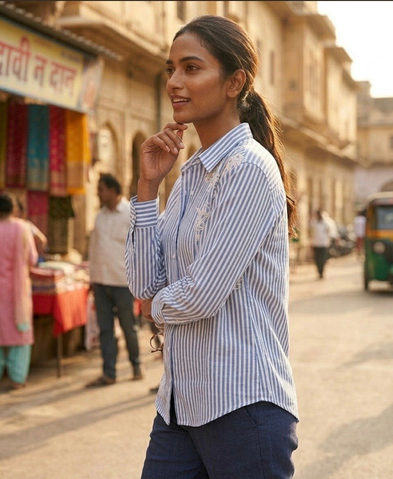 CLASSIC BLUE AND WHITE STRIPE SHIRT WITH WHITE EMBROIDERY BESU INDIA