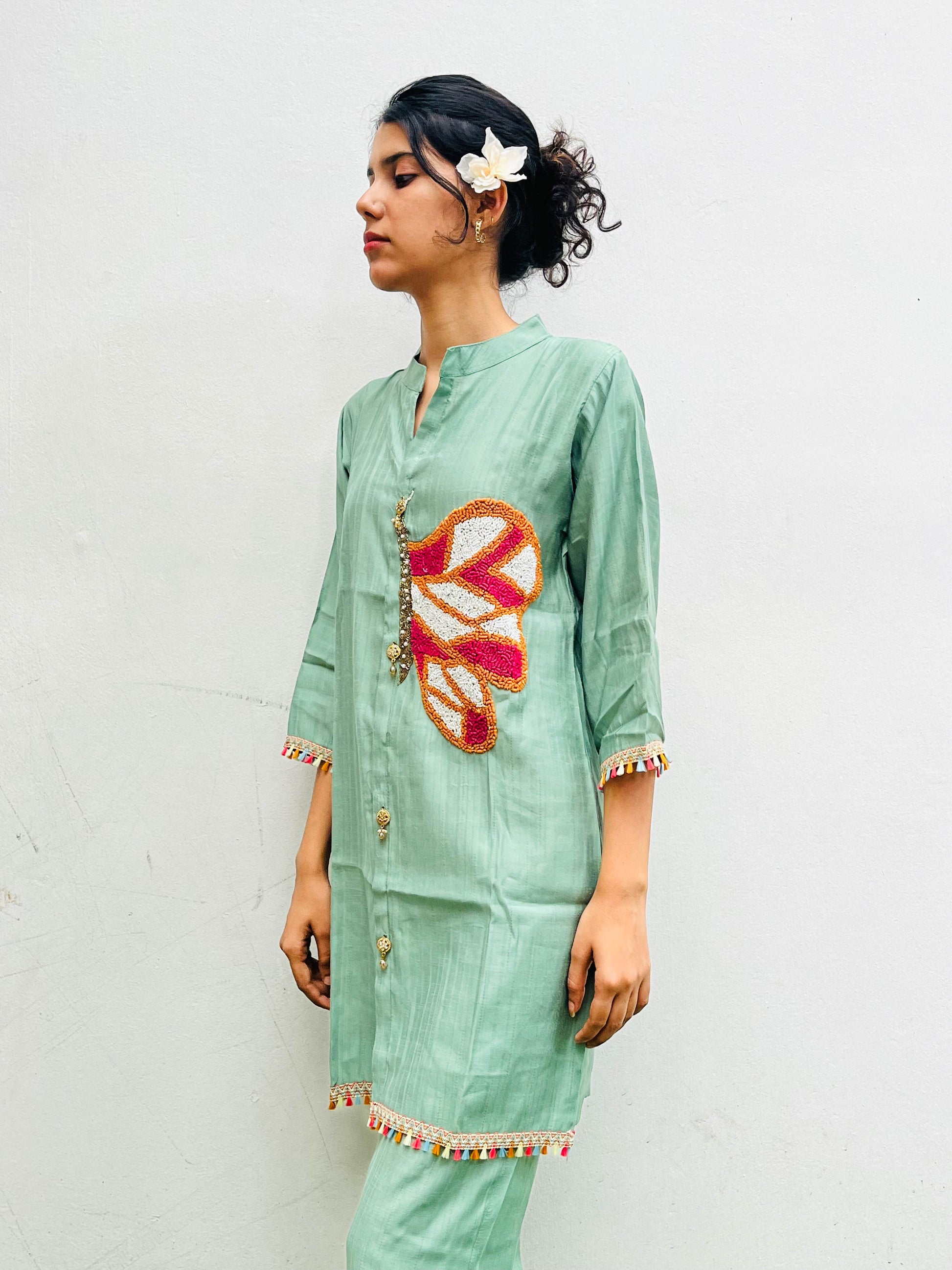 TURQUOISE BUTTERFLY EMBROIDERED CO-ORDS BESU INDIA