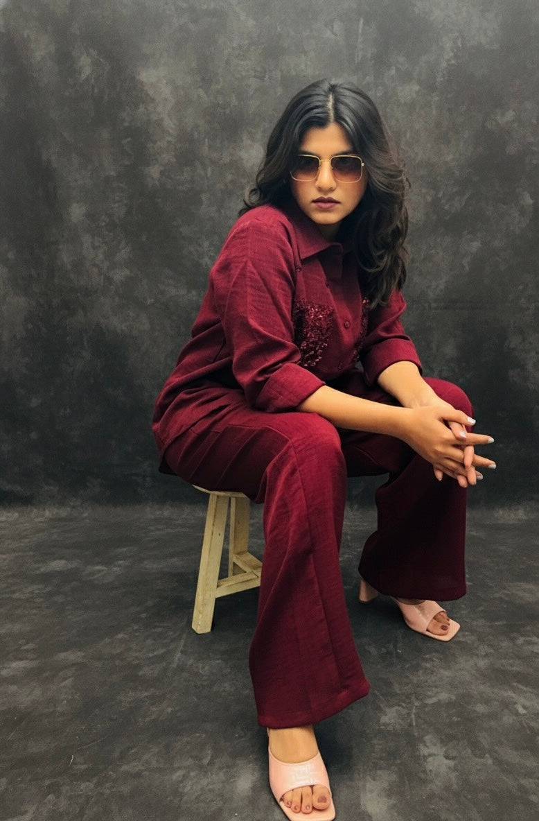 WINE RED LINEN CO-ORDS WITH SEQUINS POCKETS BESU INDIA