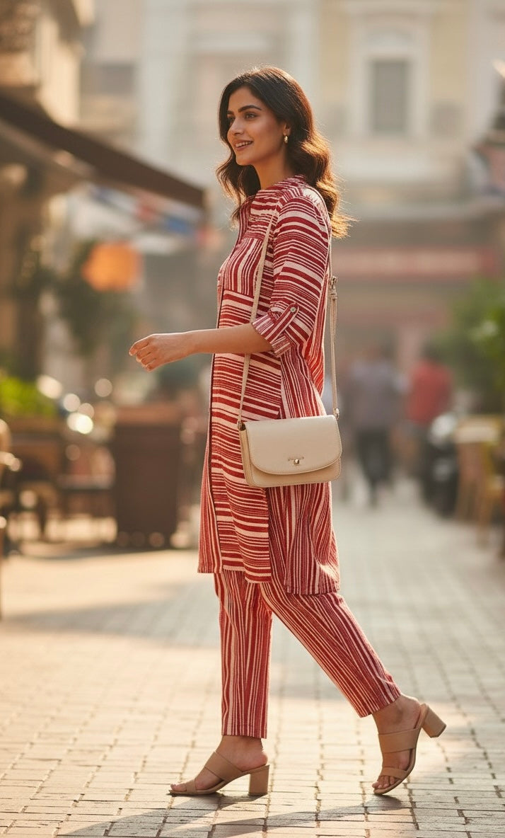 RED STRIPED KURTA CO-ORD SET BESU INDIA