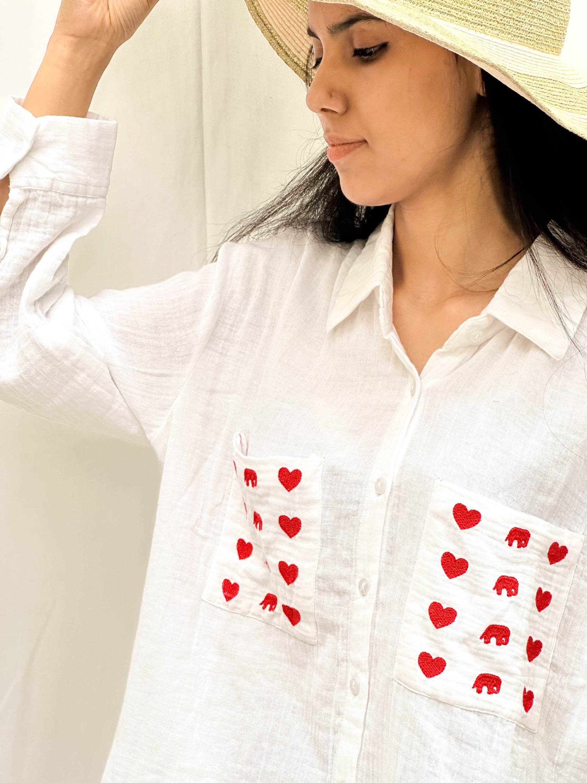 WHITE LINEN SHIRT WITH HEART PRINT POCKETS BESU INDIA