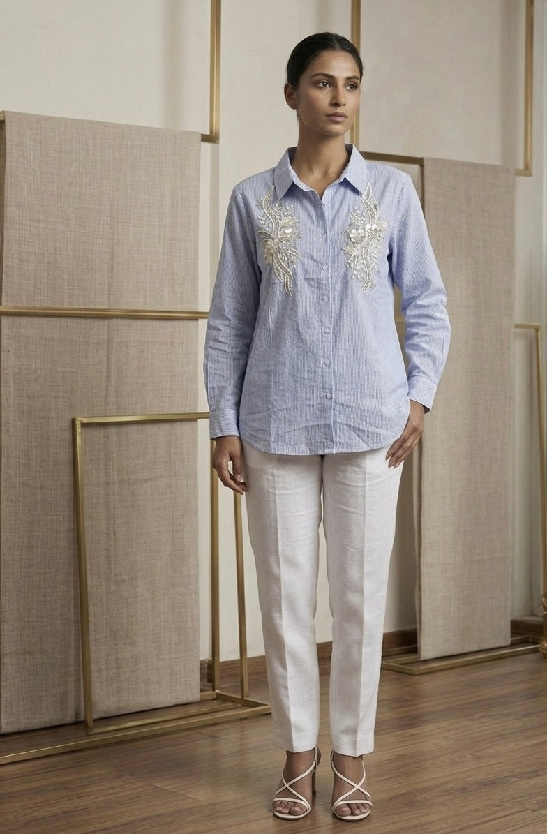 PERIWINKLE BLUE FLORAL EMBROIDERED SHIRT BESU INDIA