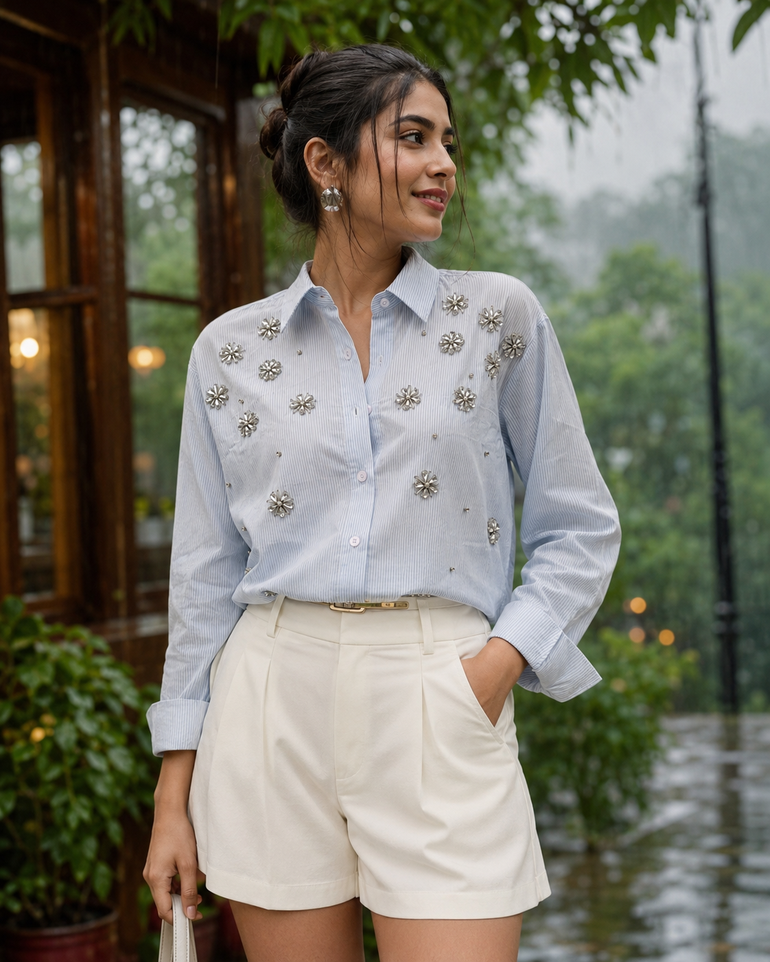 LIGHT BLUE STRIPED CRYSTAL BLOOM EMBELLISHED SHIRT BESU INDIA