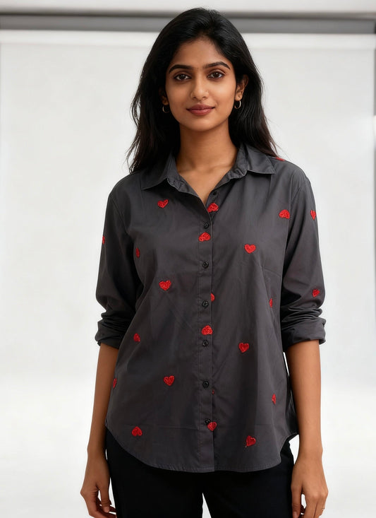 BLACK COTTON SHIRT WITH SEQUINS HEART EMBROIDERY BESU INDIA