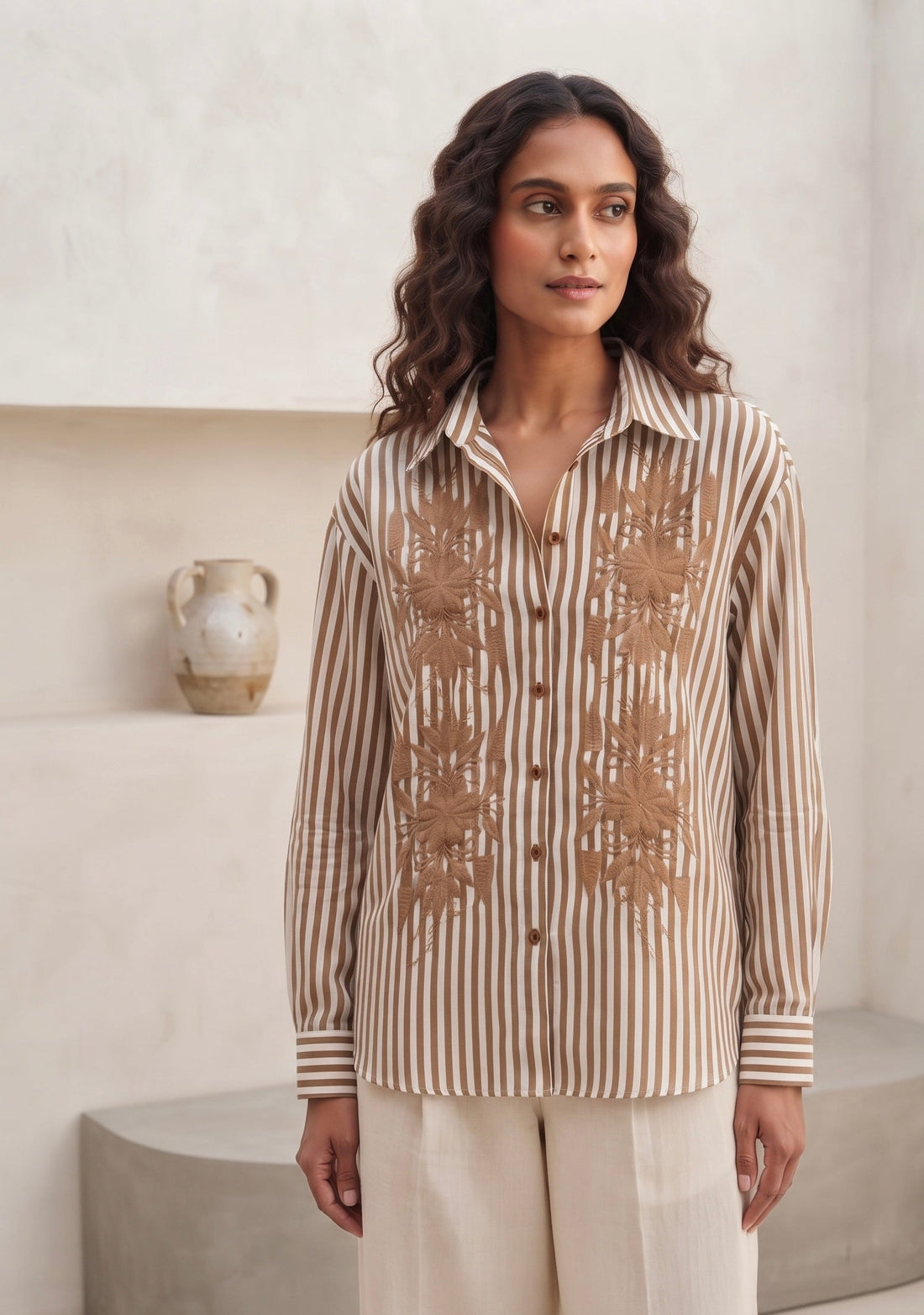 THE BROWN STRIPE SHIRT WITH EMBROIDERY BESU INDIA