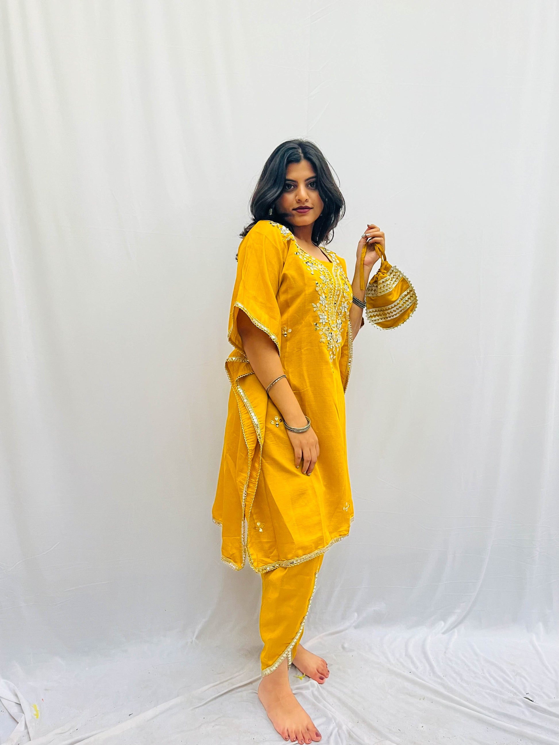 MUSTARD KAFTAN SET WITH A SMALL BAG BESU INDIA