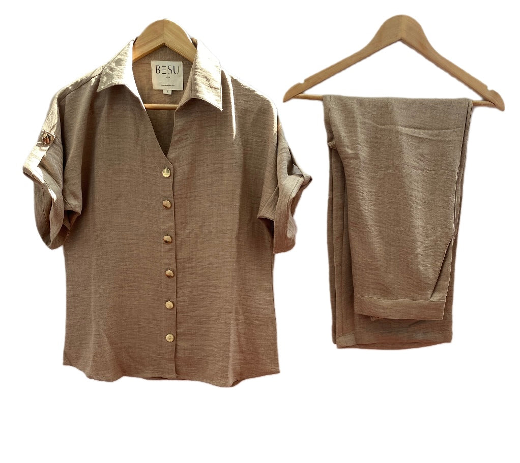 BEIGE CO-ORD SET WITH ELEGANT GOLD BUTTONS BESU INDIA