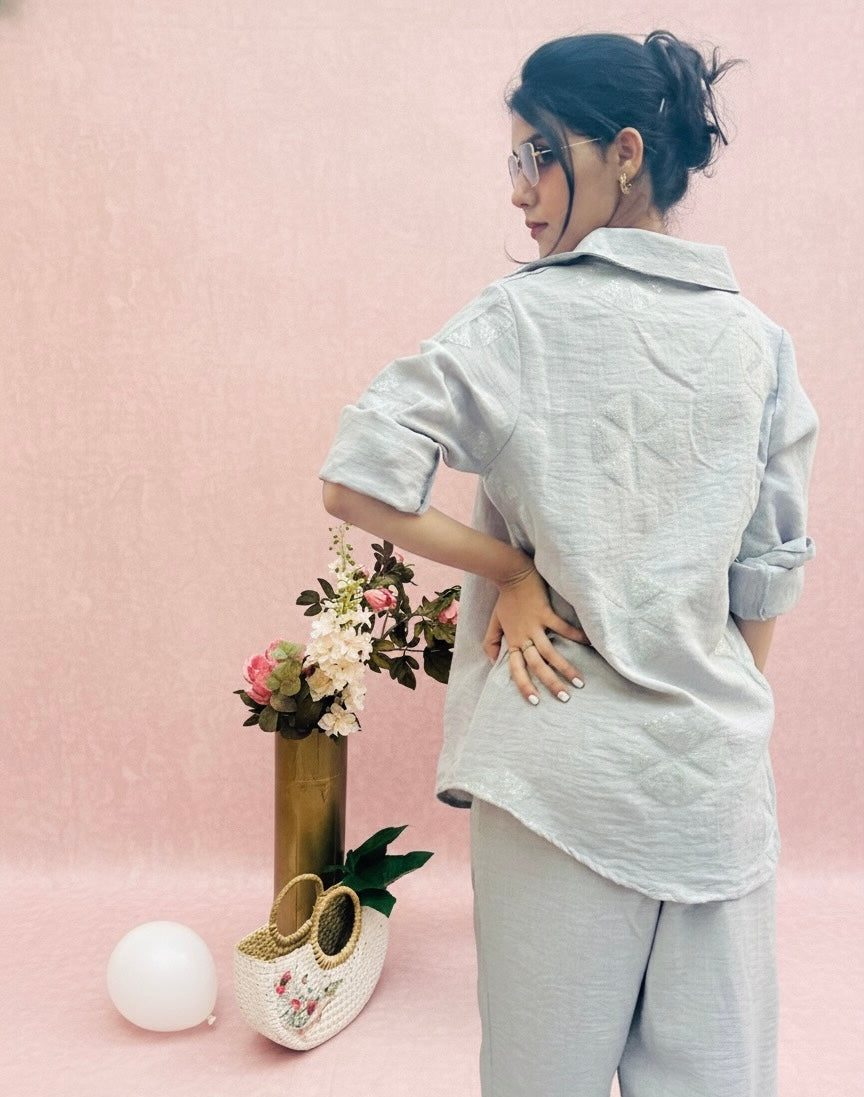ACTOR DHANYA RAMKUMAR IN OUR SEQUIN EMBROIDERED LINEN SET BESU INDIA