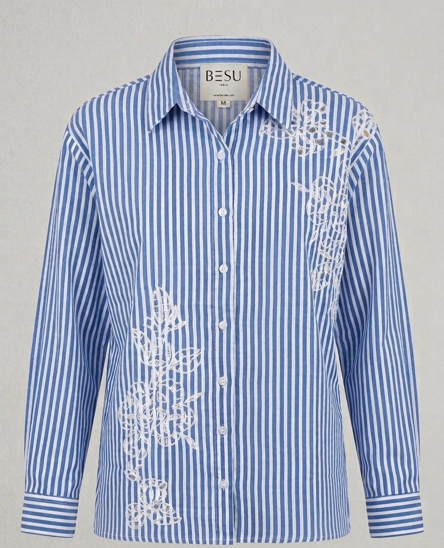 CLASSIC BLUE AND WHITE STRIPE SHIRT WITH WHITE EMBROIDERY BESU INDIA