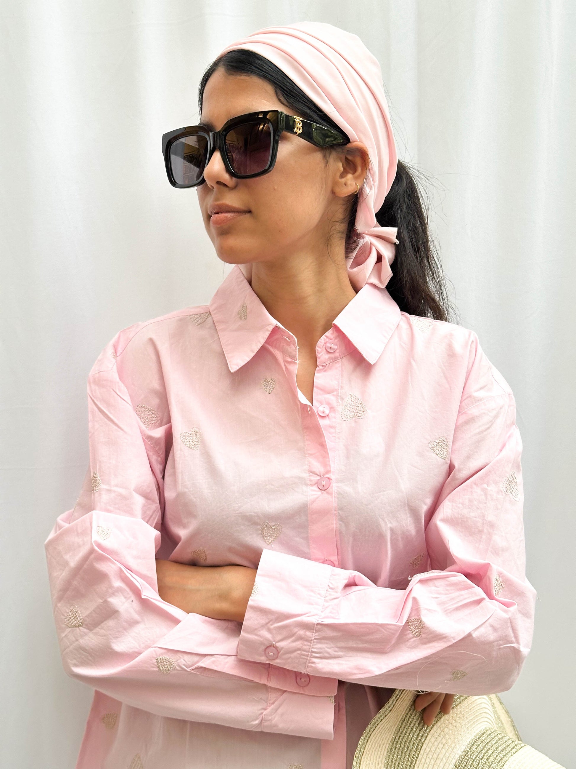 LIGHT PINK COTTON SHIRT WITH GOLD EMBROIDERED HEARTS BESU INDIA