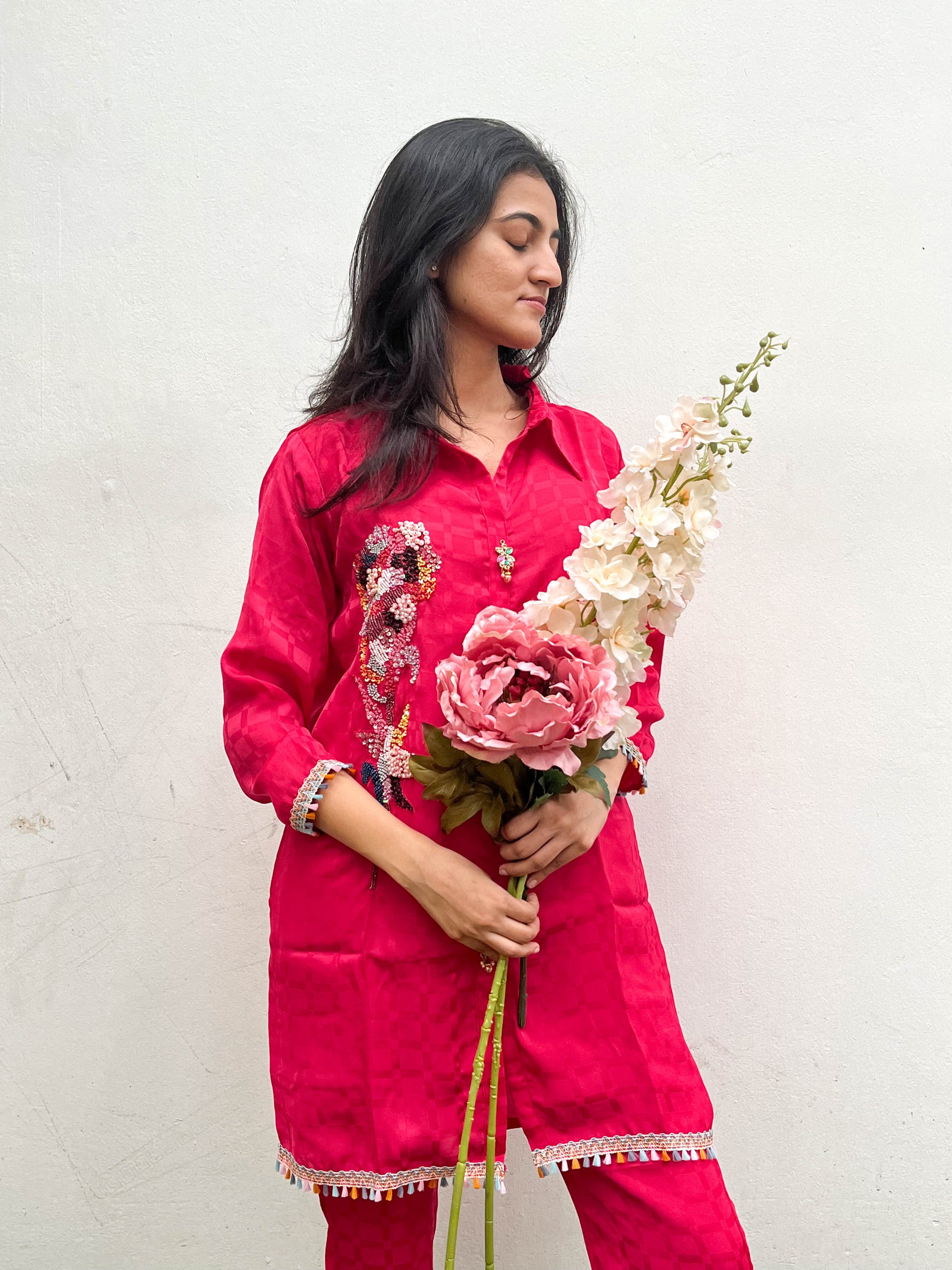RED CREPE HAND EMBROIDERED CO-ORD SET BESU INDIA