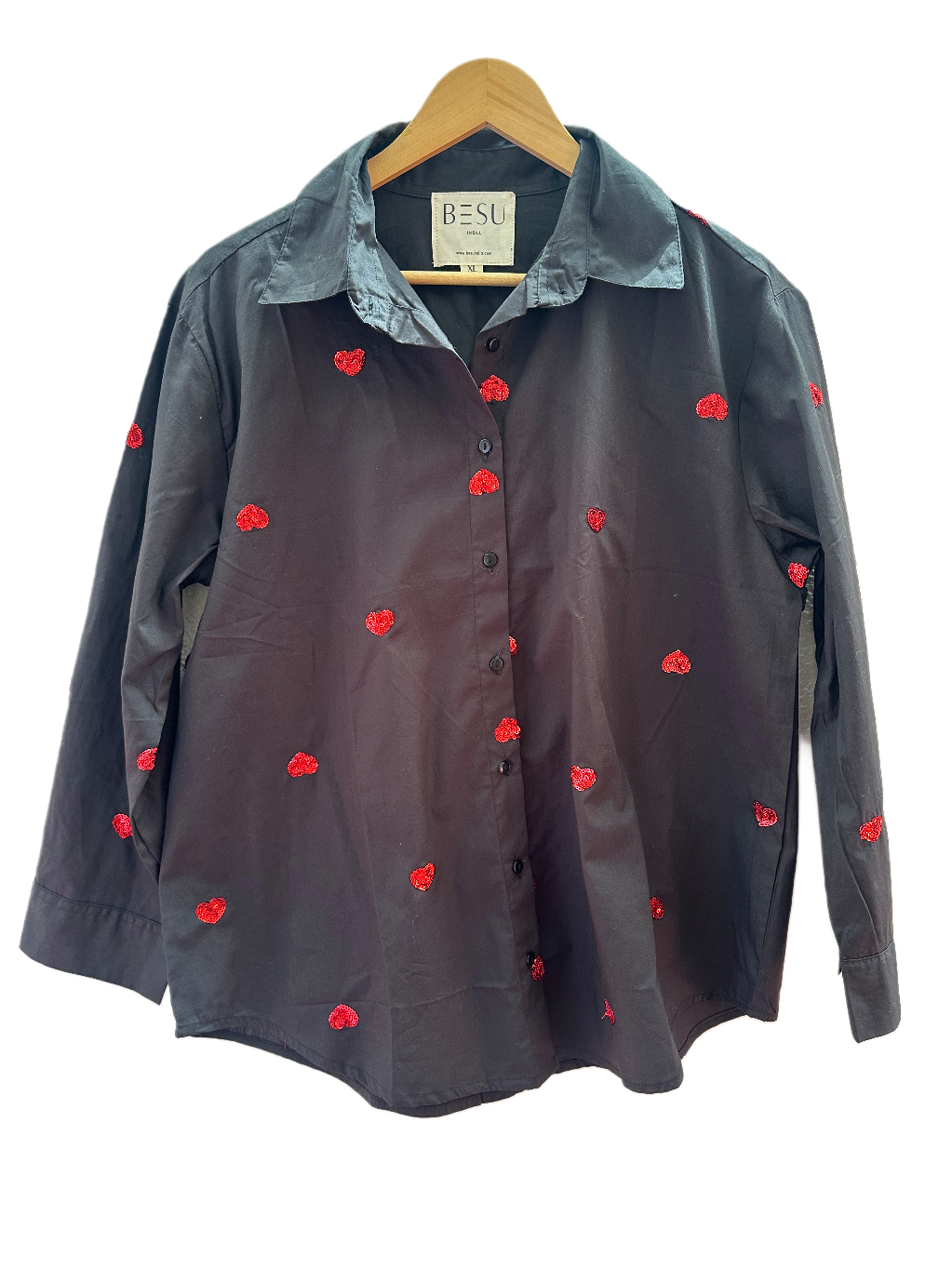 BLACK COTTON SHIRT WITH SEQUINS HEART EMBROIDERY BESU INDIA