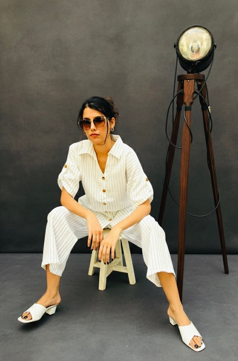 BLACK ON WHITE STRIPED LINEN CO-ORD BESU INDIA