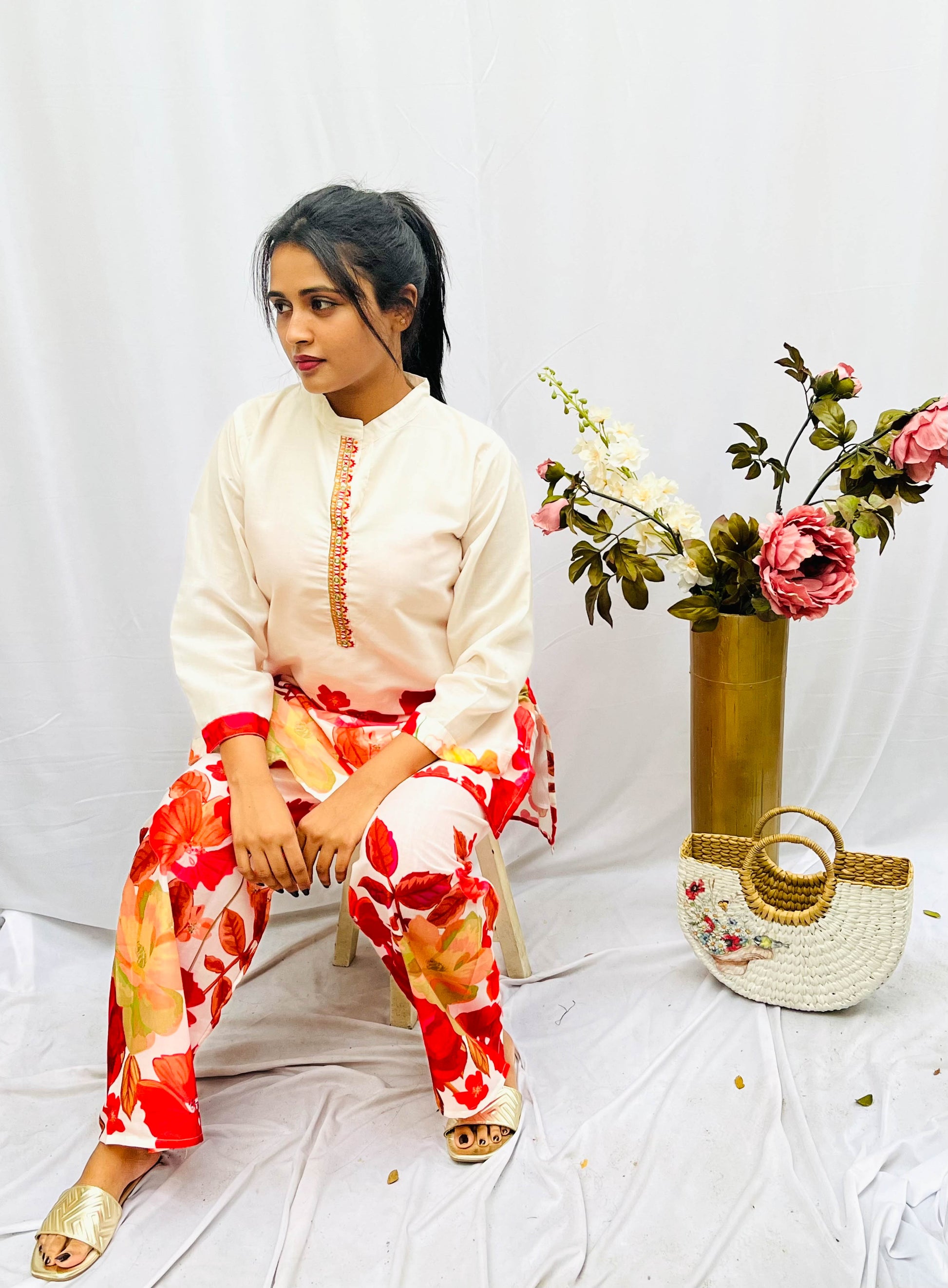 FLORAL PRINT CHINESE COLLAR COTTON KURTA SET BESU INDIA