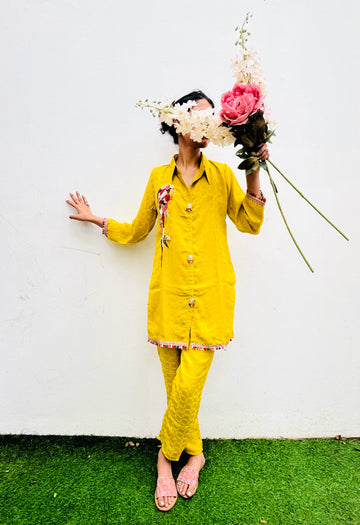 MUSTARD HAND MOTIF EMBROIDERED CREPE CO-ORD SET BESU INDIA