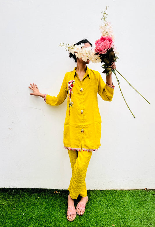 MUSTARD HAND MOTIF EMBROIDERED CREPE CO-ORD SET BESU INDIA