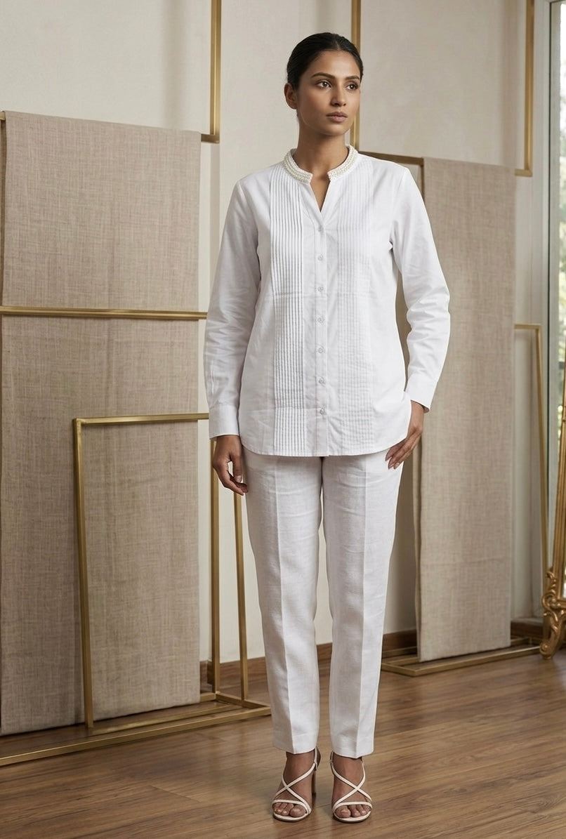 THE PEARL ACCENT PINTUCK WHITE SHIRT BESU INDIA