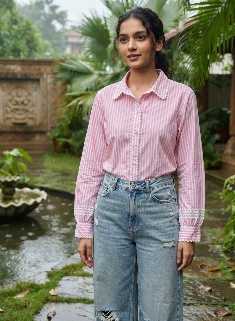 THE COTTON CANDY SCALLOP-TRIM STRIPE SHIRT BESU INDIA