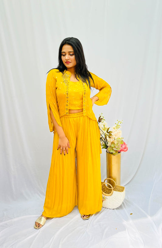 YELLOW EMBROIDERED CAPE SET BESU INDIA