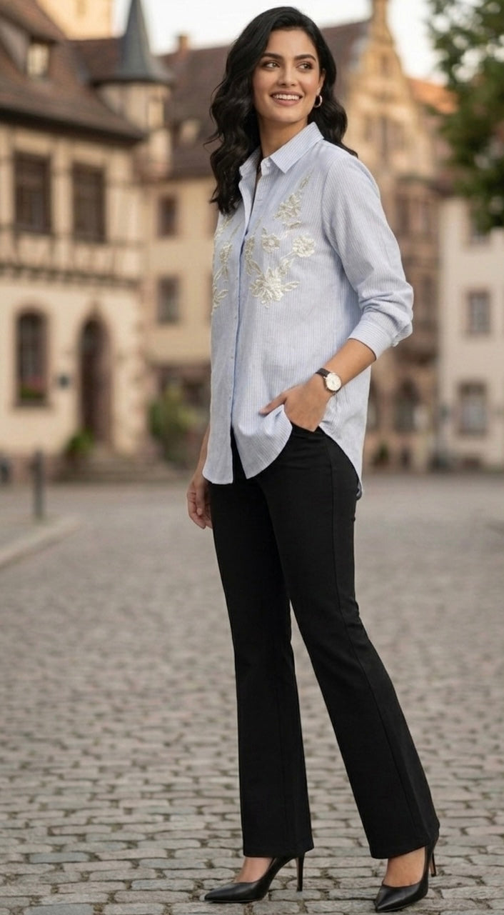 LIGHT BLUE STRIPED SHIRT WITH SEQUINS EMBROIDERY BESU INDIA