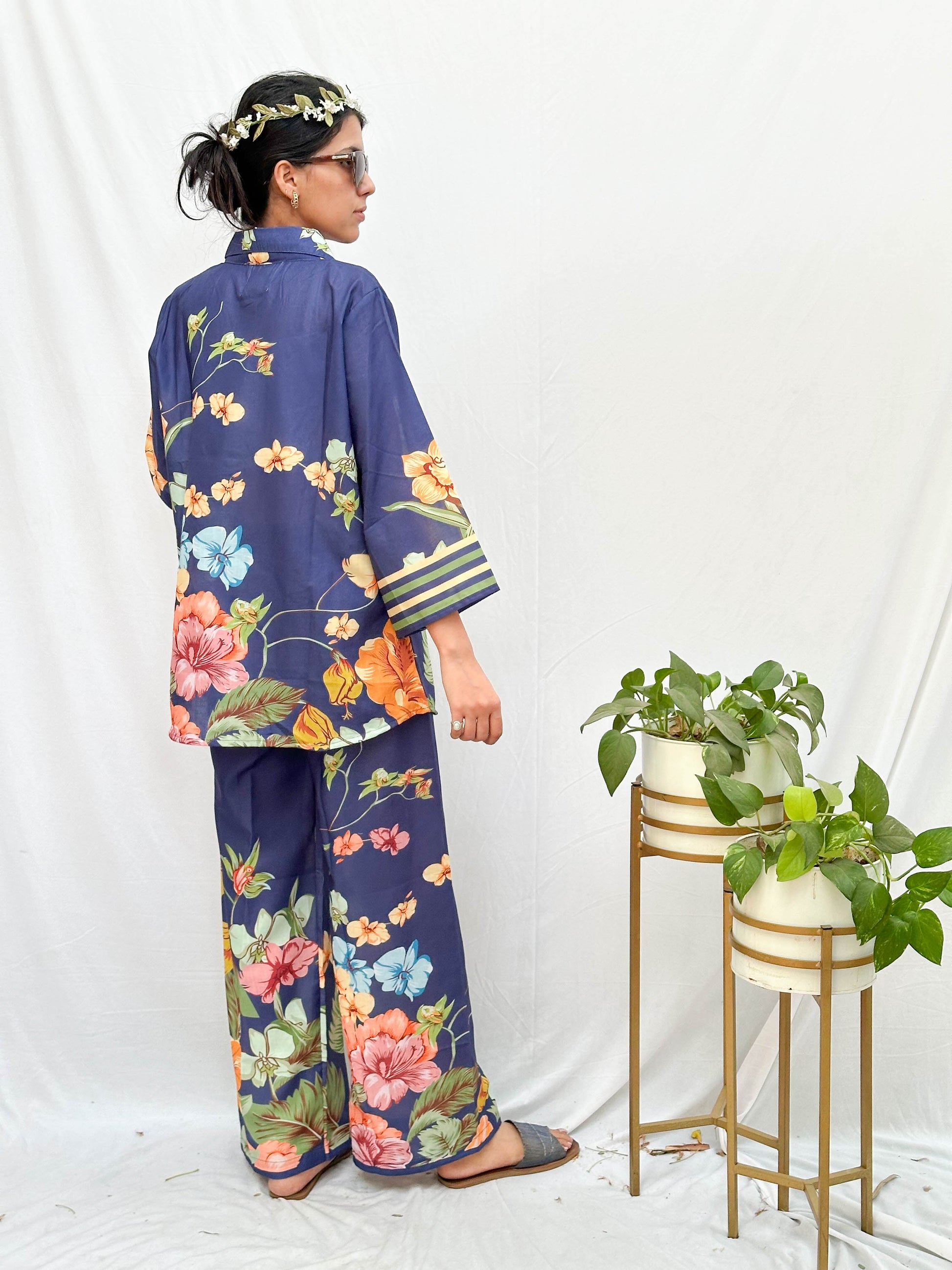 DEEP BLUE TROPICAL FLORAL PRINTED COTTON CO-ORD SET BESU INDIA