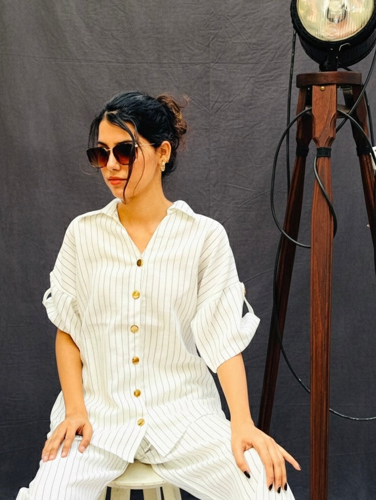 BLACK ON WHITE STRIPED LINEN CO-ORD BESU INDIA
