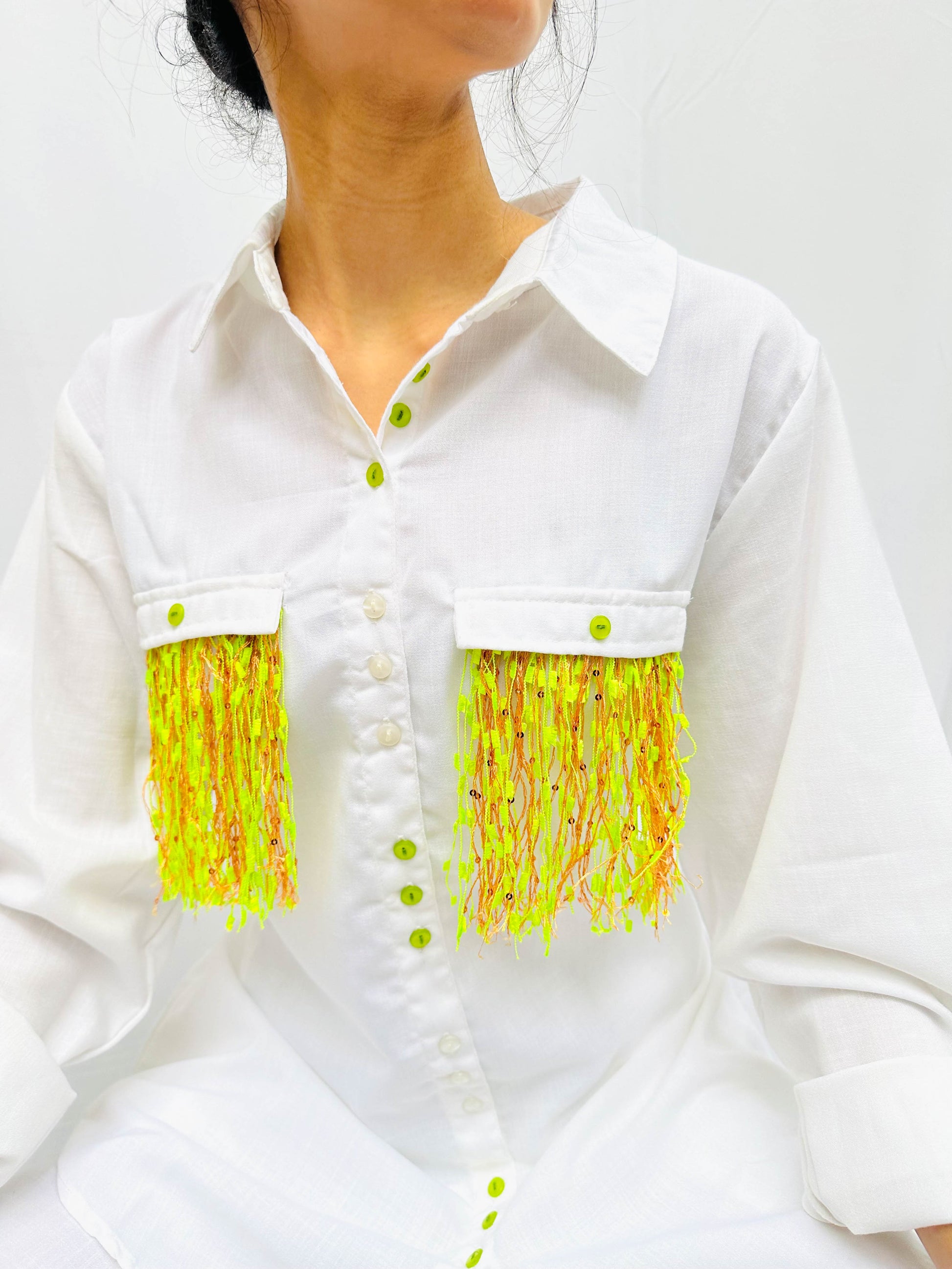 WHITE LINEN CO-ORDS WITH NEON DAZZLING POCKET BESU INDIA