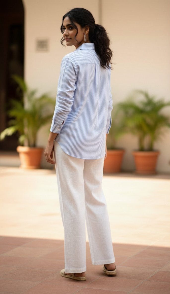 BLUE AND WHITE STRIPED STUDDED COTTON SHIRT BESU INDIA