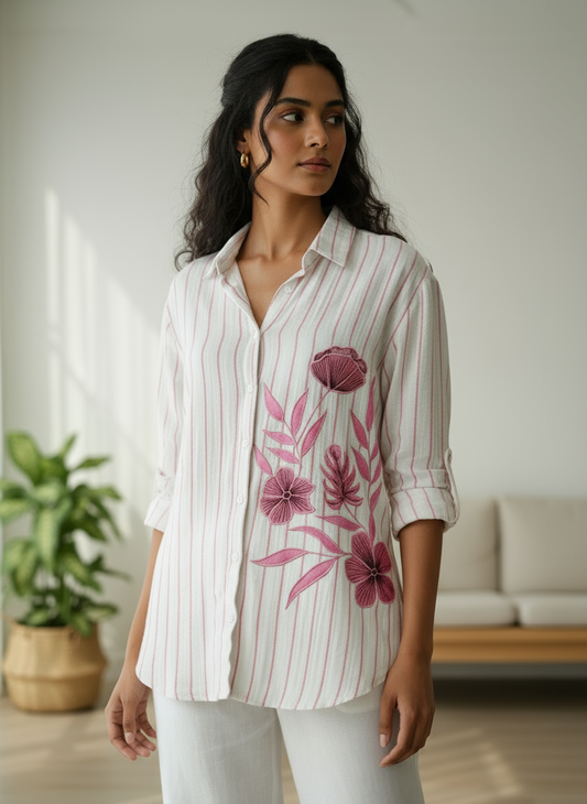 WHITE AND PINK STRIPED SOFT COTTON SHIRT WITH PATCHWORK BESU INDIA
