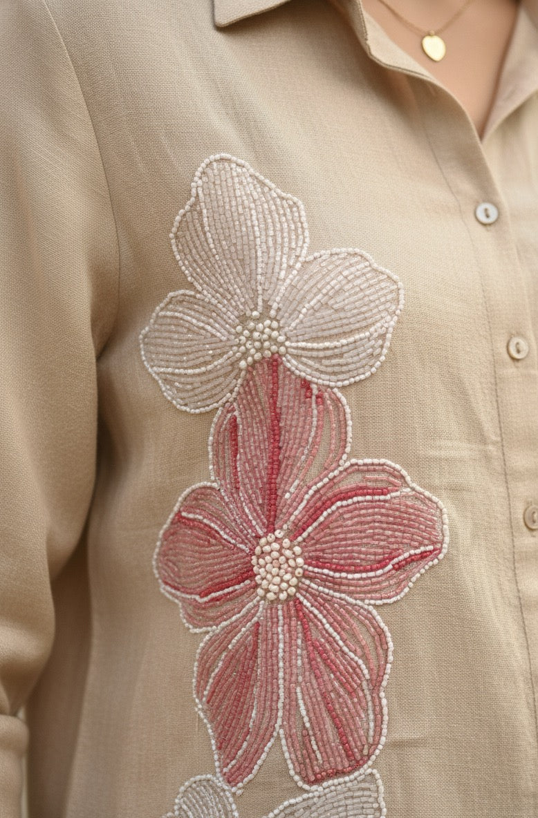 BEIGE LINEN THREAD  EMBROIDERED AND EMBELLISHED CO-ORDS BESU INDIA