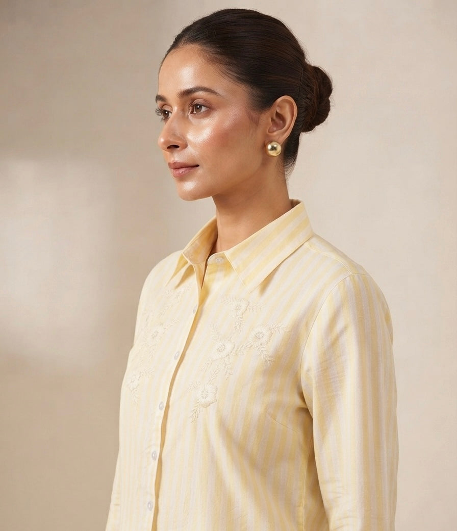 YELLOW STRIPED SHIRT WITH FLORAL EMBROIDERY BESU INDIA