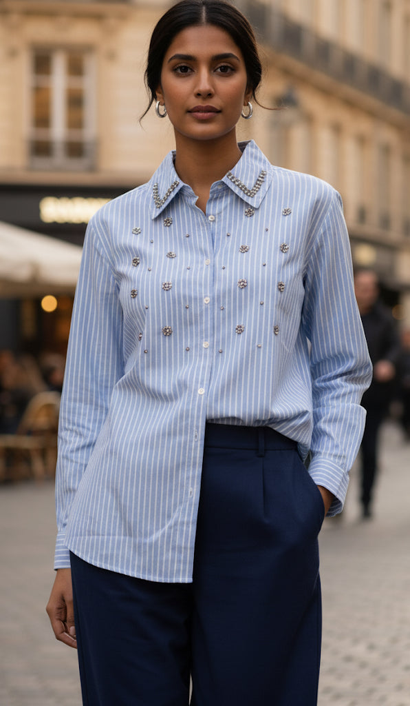 LIGHT BLUE STRIPED STUDDED COTTON SHIRT BESU INDIA