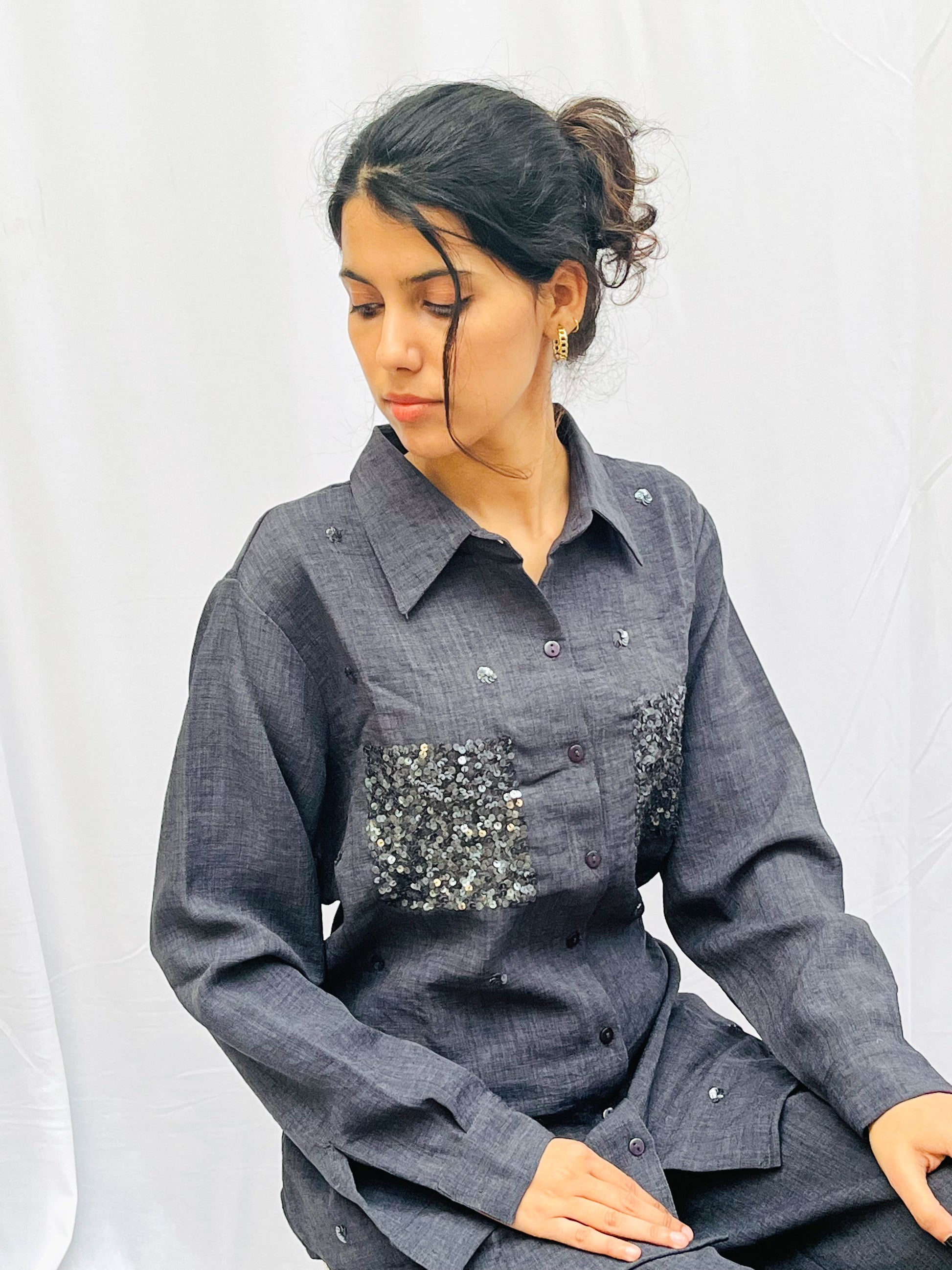 SPACE GREY SEQUINS POCKET CO-ORD SET BESU INDIA