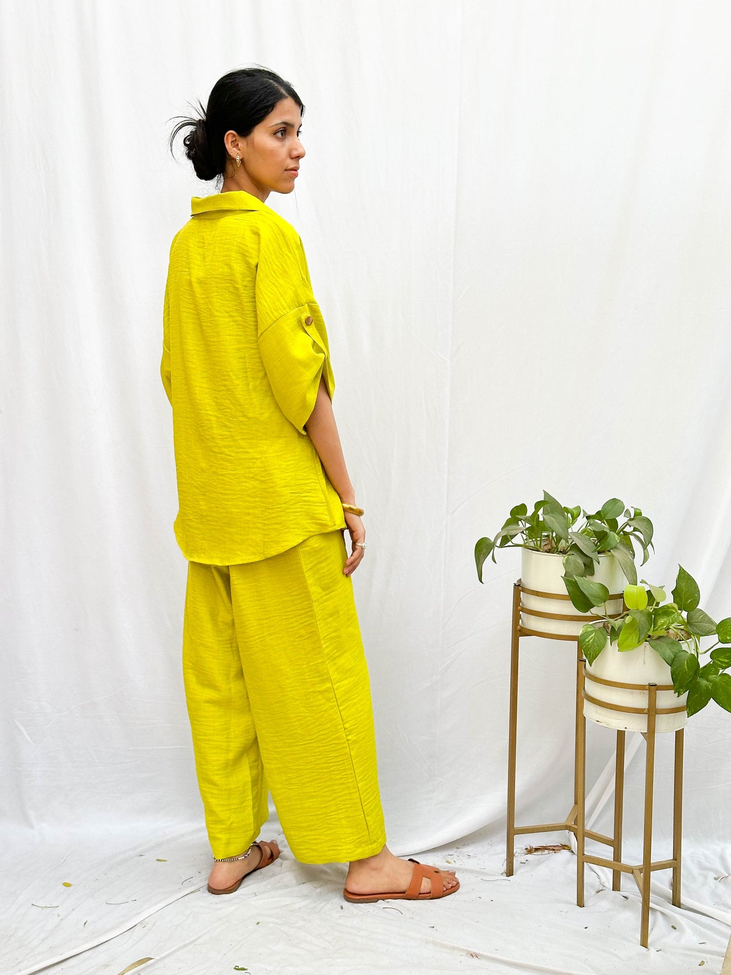 BRIGHT POP NEON GREEN SOFT COTTON CO-ORDS WITH GOLD BUTTONS BESU INDIA