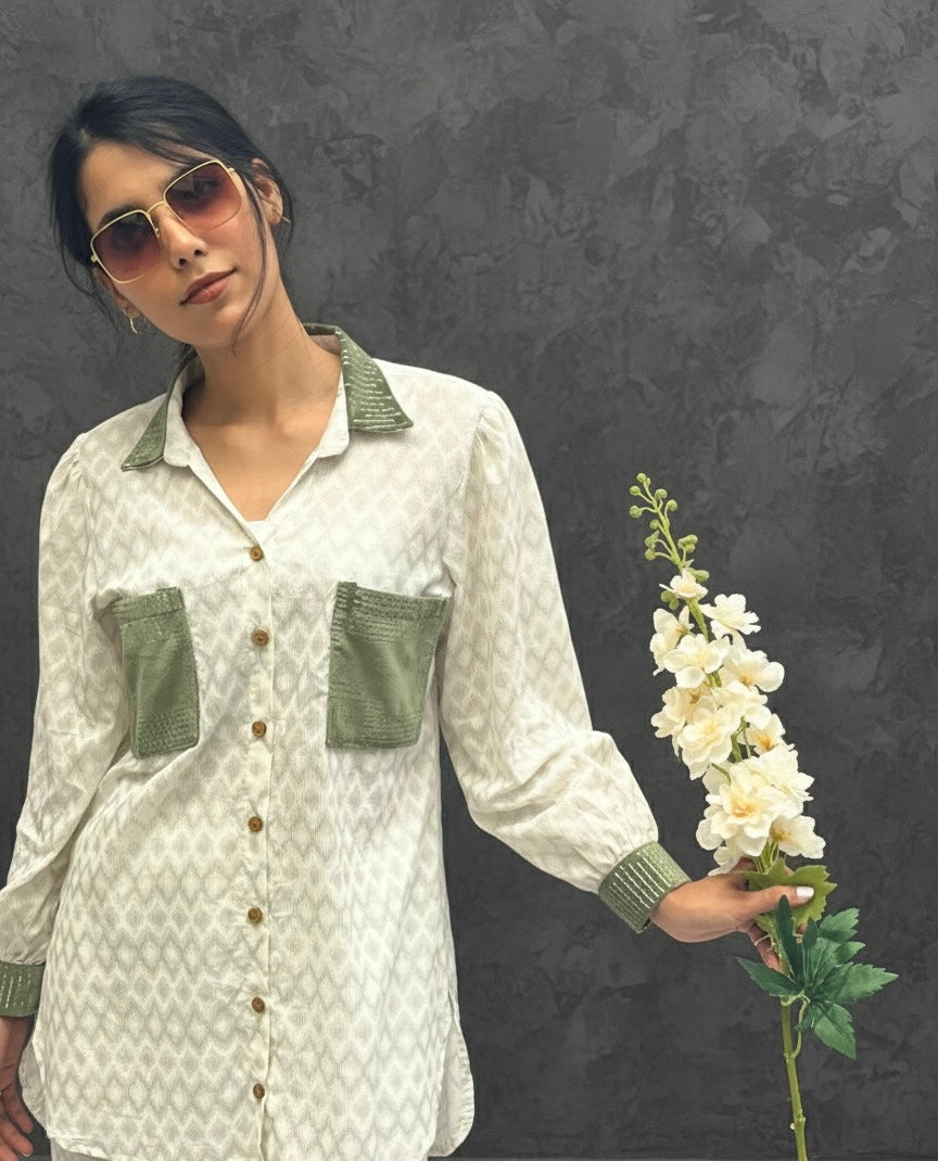 GREEN SUEDE PATCH WORKED - TEXTURED COTTON CO-ORD BESU INDIA
