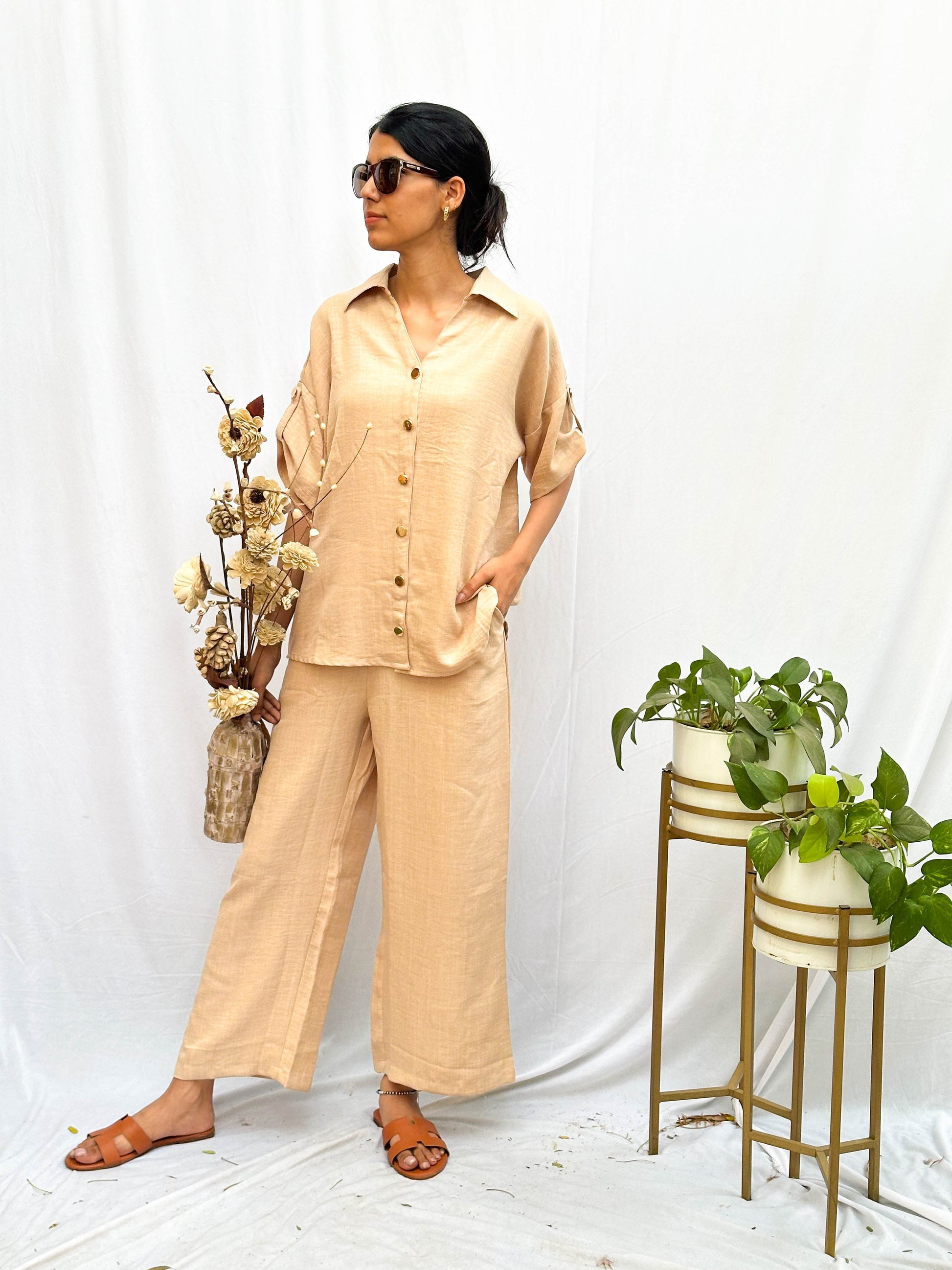 BEIGE SOFT COTTON CO-ORDS WITH SIGNATURE GOLD BUTTONS BESU INDIA
