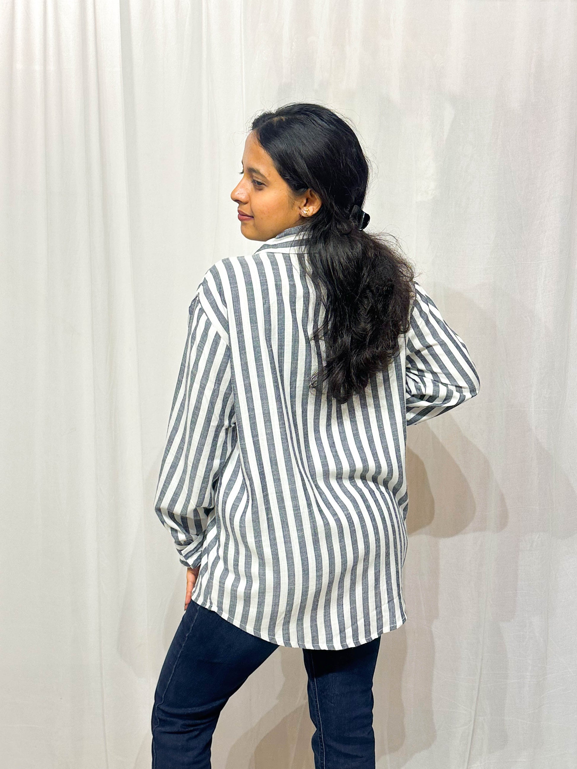 BLACK AND WHITE STRIPED COTTON SHIRT WITH FLORAL HAND EMBROIDERY BESU INDIA