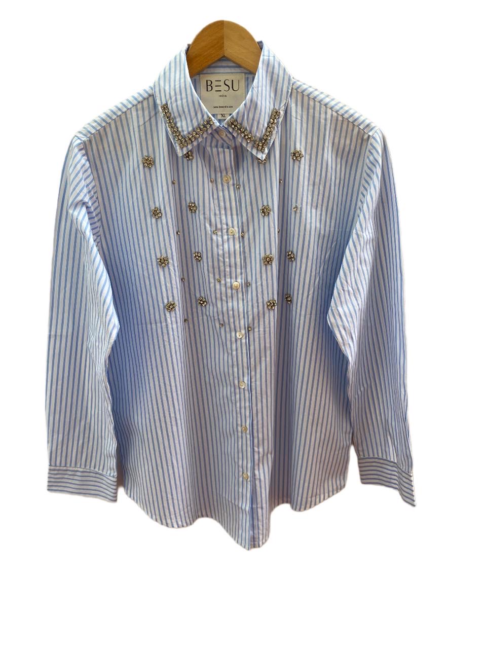 BLUE AND WHITE STRIPED STUDDED COTTON SHIRT BESU INDIA
