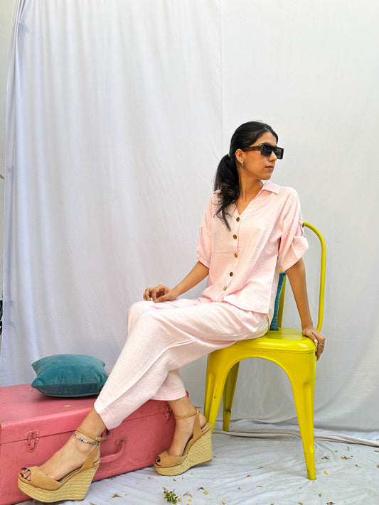 BABY PINK CO-ORDS WITH GOLD BUTTONS BESU INDIA