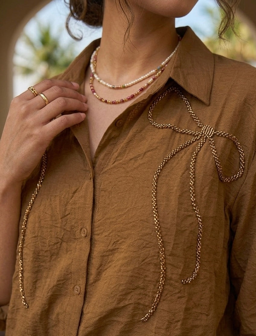BROWN SHIRT WITH BEADED BOW BESU INDIA
