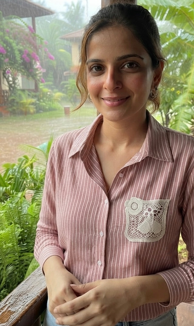 DUSTY ROSE STRIPED SHIRT WITH LACE POCKET BESU INDIA