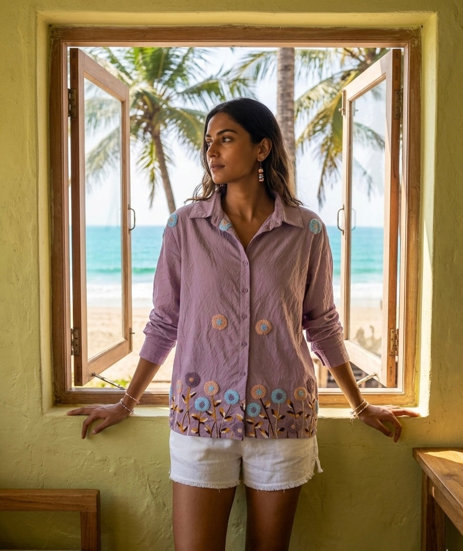 ARTISANAL BLOOM PURPLE LINEN BLEND SHIRT BESU INDIA