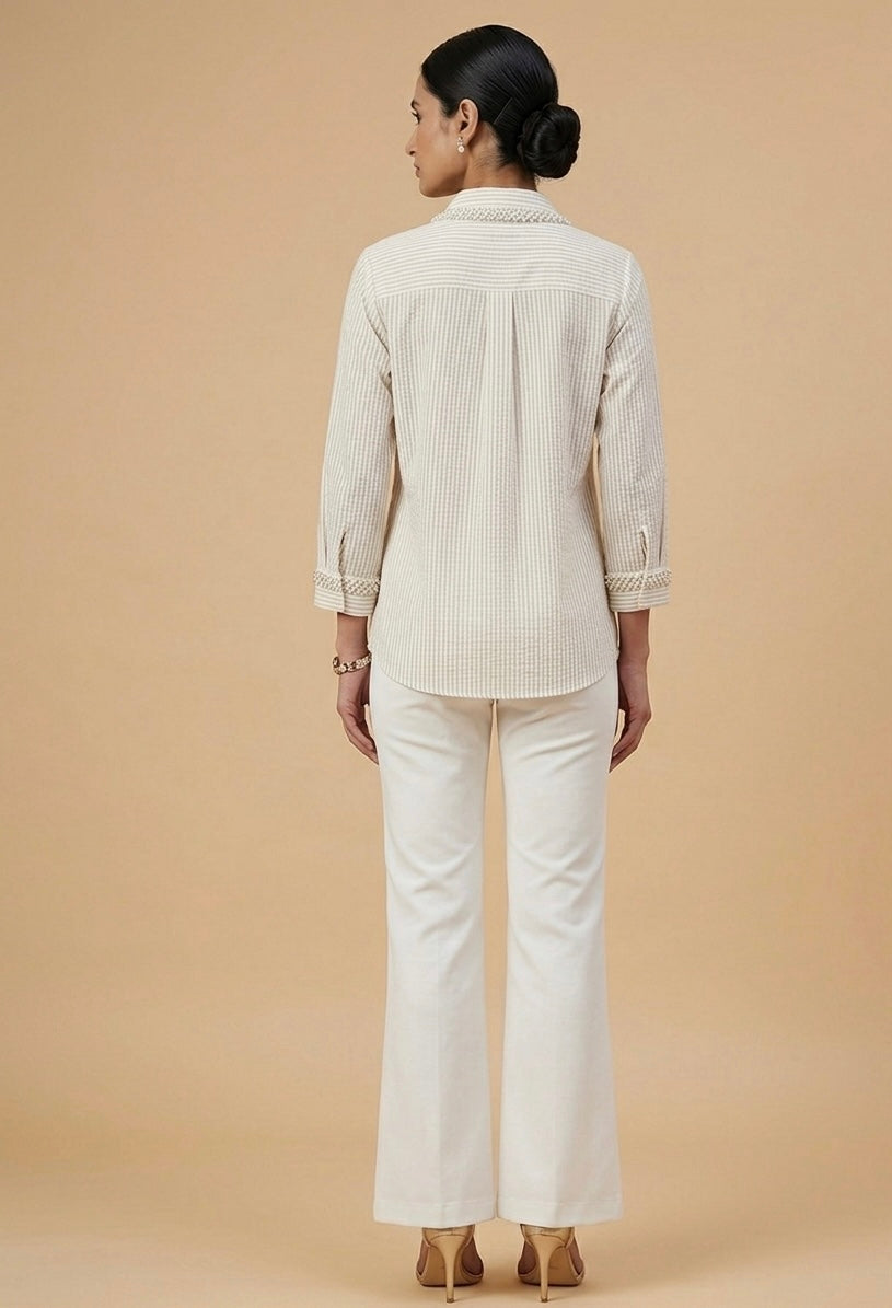 BEIGE STRIPED SHIRT WITH EMBROIDERED COLLAR AND CUFFS BESU INDIA